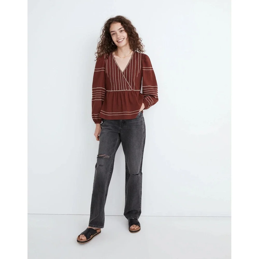 Madewell Embroidered Faux-Wrap Top Women Size S Brown Long Sleeve Peplum
